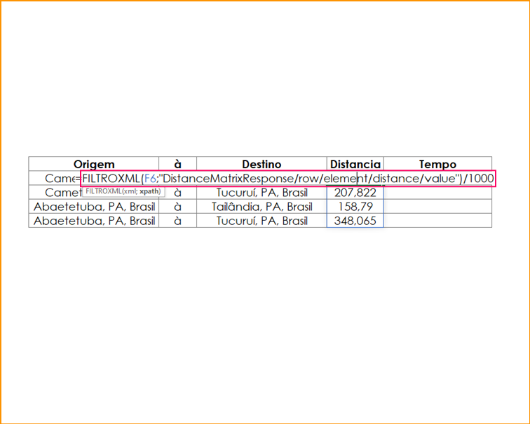 Distance Matrix API no Excel