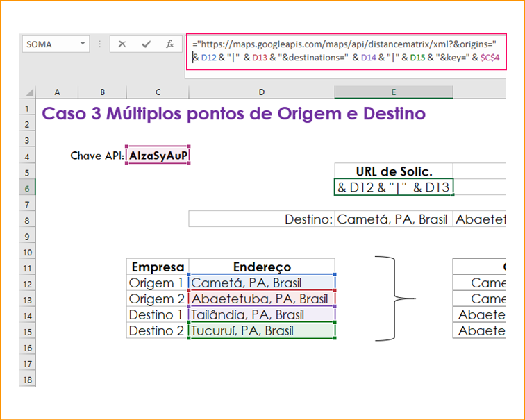 Distance Matrix API no Excel