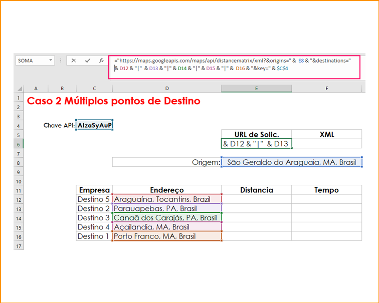 Distance Matrix API no Excel